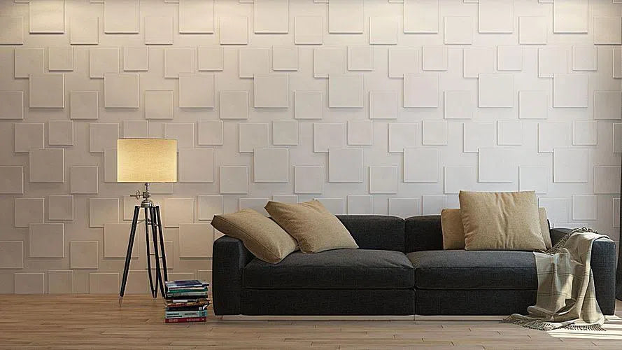Model Squares - 3D Gypsum Wall Panels adds depth and texture to the living room wall | DecorMania UK